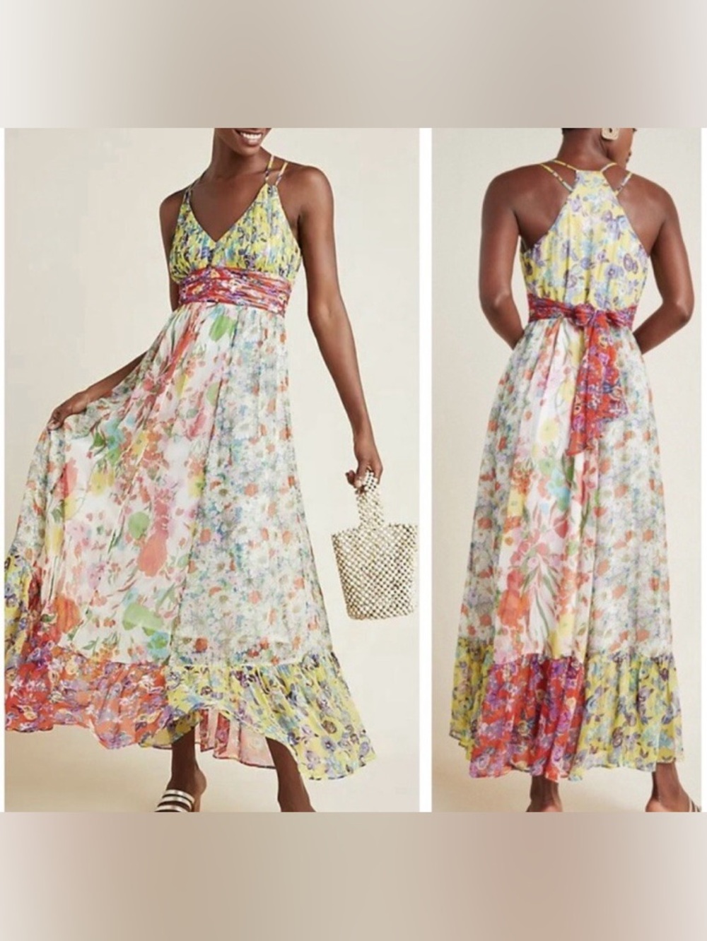 Anthropologie Malibu Floral Colorful Cottagecore Boho Vacation Maxi Dress sz 10